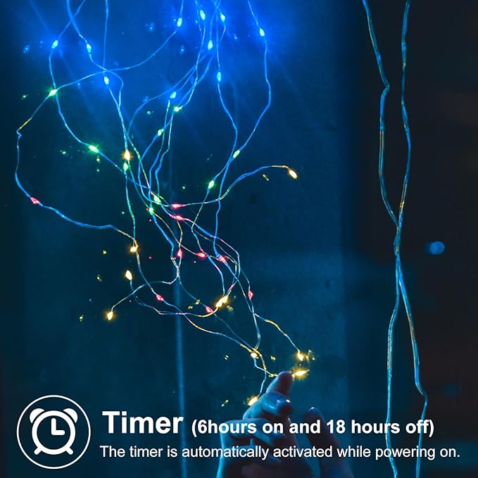echosari 2 Pack Fairy Lights Battery Operated 200 LED 66Ft Silver Wire Starry Colored String Lights Auto Timer 8 Modes Waterproof Mini Christmas Fairy Lights for Bedroom Wedding Decor (Multicolor)