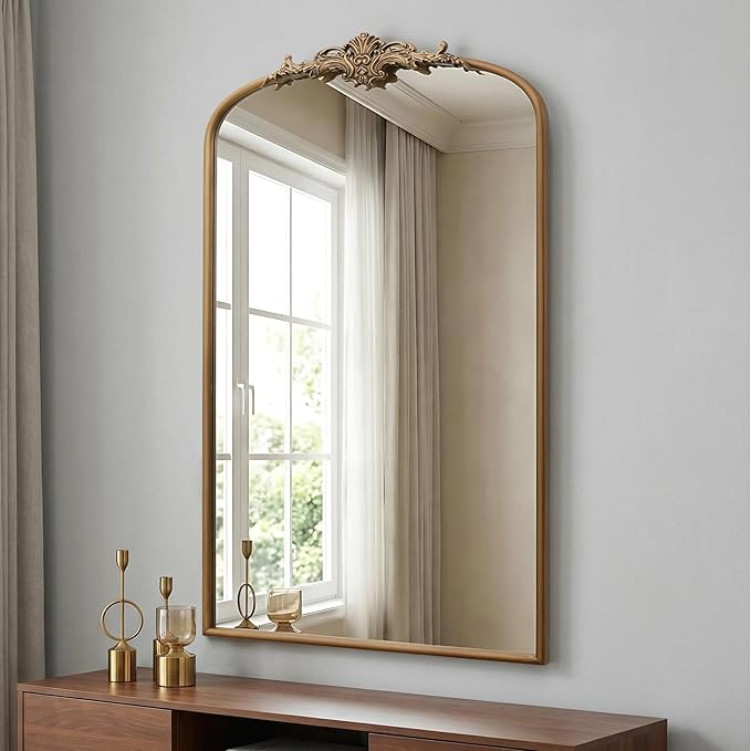 Besdomus Vintage Gold Arched Mirror: 24"x42" Large Arch Gold Antique Wall Mounted Mirror - Traditional Ornate Home Decor for Entryway/Fireplace/Bathroom - Idea for High-Income Homemakers