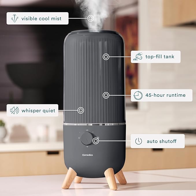 Homedics Ultrasonic Humidifier, Bedrooms and Home Offices, 0.97-Gallon Tank, 45-Hour Runtime, Visible Ultra-Quiet Cool Mist, Aromatherapy, Demineralization Cartridge, Night-Light, Auto-Off, Platinum