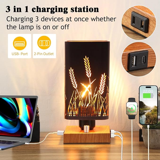 Industrial Table Lamp Sets of 2 with USB Ports and Outlet, Rustic Dimmable Bedside lamp with Charging Station, Metal Square Shadow Nightstand Lamp for Bedroom Living Room End Tables