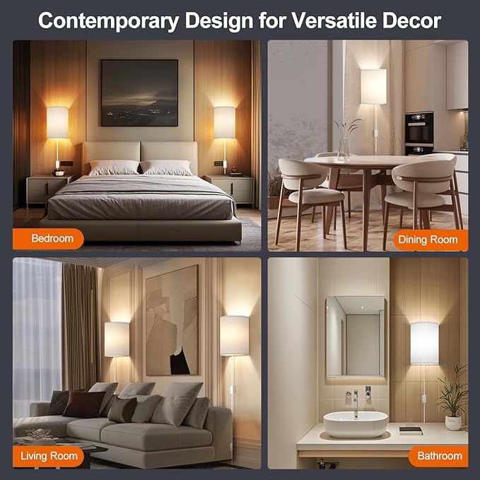 Plug in Wall Sconces Set of Two: Wall Lights with On/Off Switch - Stepless Color Temperature Wall Mount Lamps - Fabric Linen Wall Sconce for Bedroom Living Room & Hallway- Indoor Corded Wall Sconces