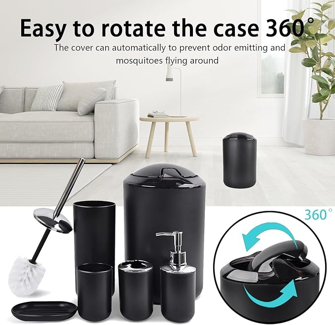 CERBIOR Bathroom Accessories Set 6 Piece Bath Ensemble Includes Soap Dispenser, Toothbrush Holder, Toothbrush Cup, Soap Dish for Decorative Countertop and Housewarming Gift (Shiny black-6pcs)
