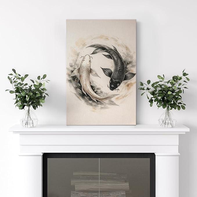 wall26 Canvas Print Wall Art Yin Yang Koi Fish Circle Minimal Asian Inspired Photography Realism Rustic Colorful Multicolor for Living Room, Bedroom, Bathroom - 12"x18"