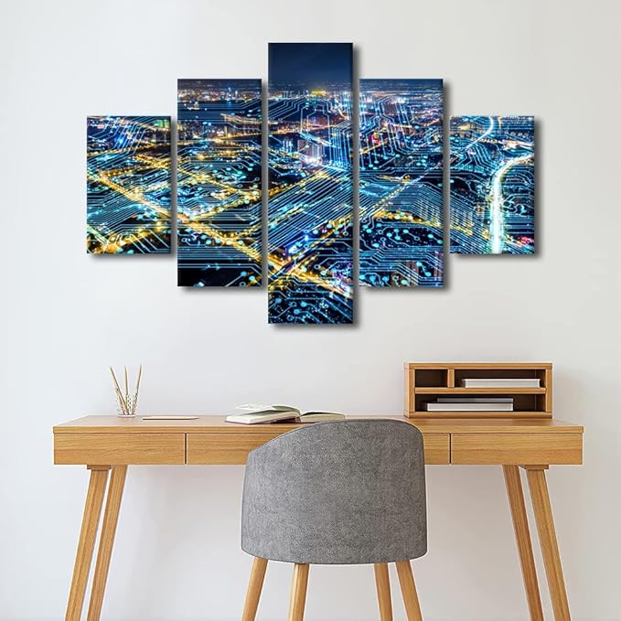 Wall Art for Living Room Modern Cityscape Poster 5 Panel Canvas Art Network Connection Concept Picture Internet Companies Wall Art Internet Workers Home Decoration Stretched Ready to Hang 60x40 Inch