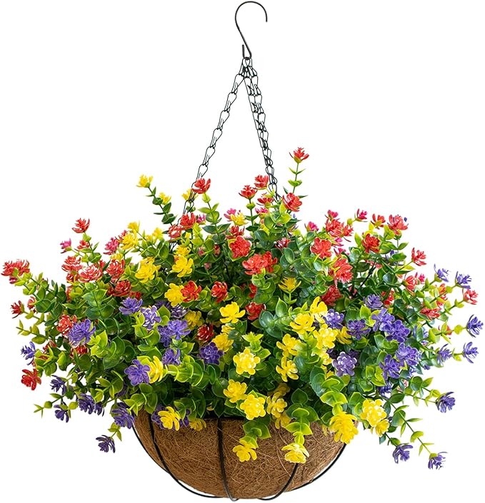 Artificial Hanging Plants Flowers with Basket for Spring Summer Outdoor Decoration, Yellow Purple Pink Red