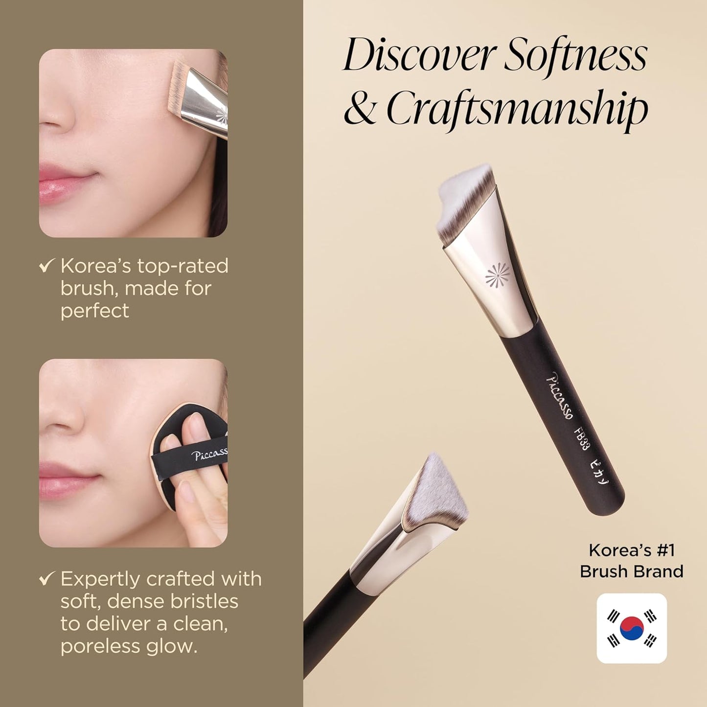 Piccasso FB33 Foundation Brush – Tapping Cover Brush for Liquid & Cream Foundation, Fills Pores with Soft Bristles for Smooth and Flawless Face Makeup, Professional Korean Beauty Tool