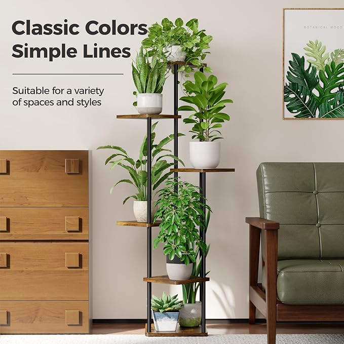 Bamworld Tall Plant Stand Indoor 6 Tier Plant Holder for Multiple Plants Corner Shelf Stand for Patio Garden Balcony Living Room Bedroom Brown