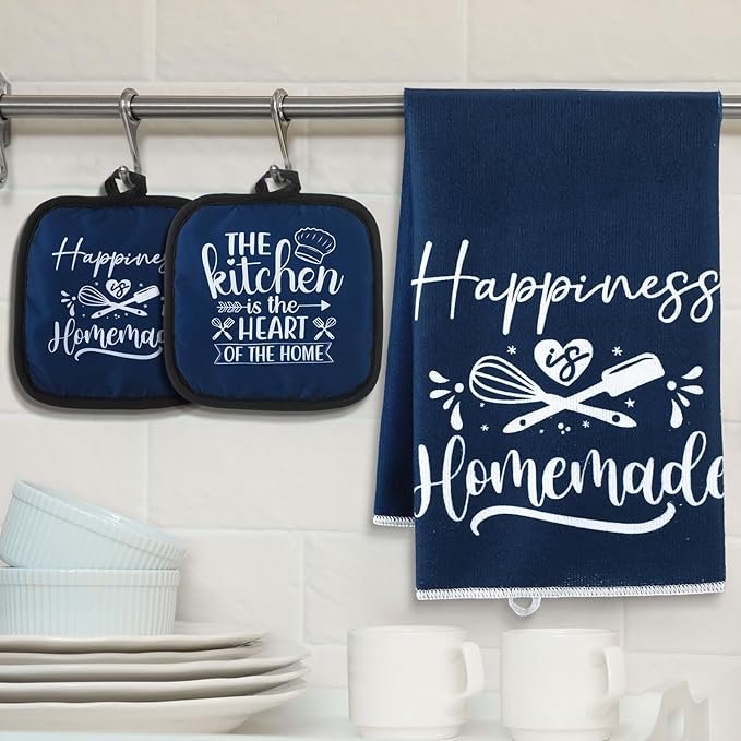 Sratte 6 Pcs Kitchen Decor Accessories Set Farmhouse Towels Pot Holders Oven Mitts Set 2 Dish Towels 2 Potholders 2 Cooking Mittens Oven Glove for Christmas Baking Cooking Supply(Blue,Kitchen)