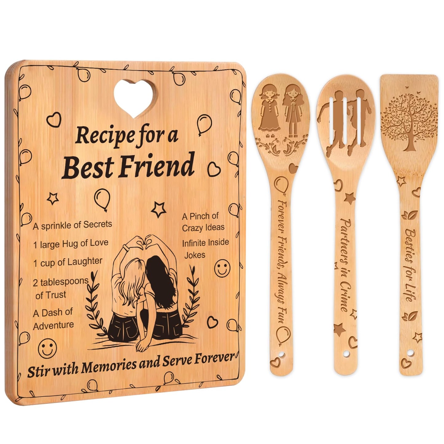 Best Friend Birthday Gifts for Women - “Recipe for a Best Friend” Bamboo Cutting Board Set, Engraved with Inside Jokes & Secrets - Bestie Gifts for Graduation, Long-Distance, Housewarming & Christmas