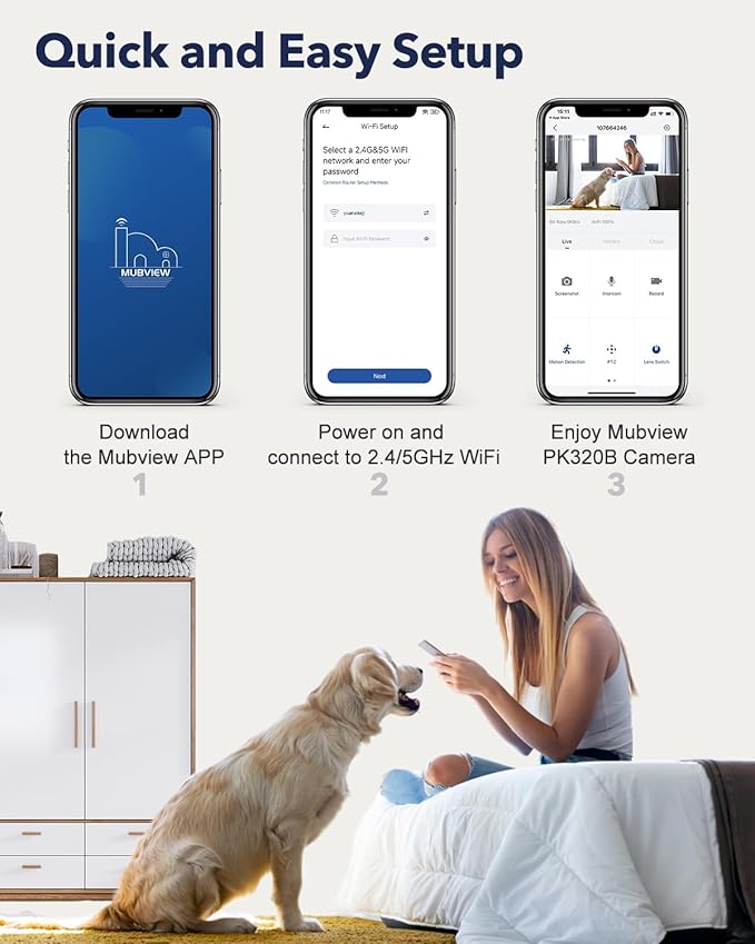 MUBVIEW Pet Camera with Phone App, Indoor Security Camera, 2.4/5GHz WiFi Cameras for Home Security, Wired Cameras for Dog/Elder/Baby, Motion Tracking, PT, 7X24, Two-Way Audio, 2K Night Vision (4 Pack)