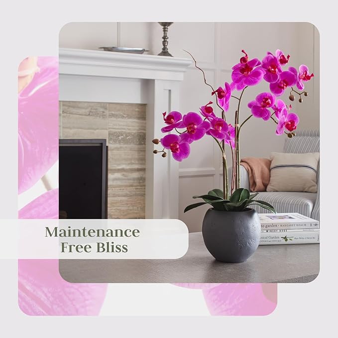 CG Hunter Faux Pink Orchid Plant, Premium Artificial Indoor Flower Display Stands 25-Inches with Beautiful Sculptural Blooms and Foliage That Lasts Forever, Grey Planter Pot Included