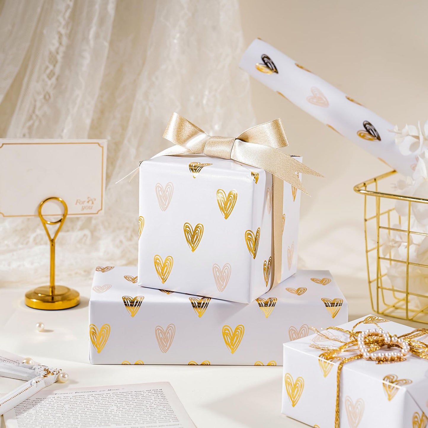 WRAPAHOLIC 30 Inch Jumbo Heart Wrapping Paper Roll - 30 Inch x 16.5 Feet - Gold Foil Heart Design for Valentines Day, Wedding, Bridal Shower, Birthday, Baby Shower