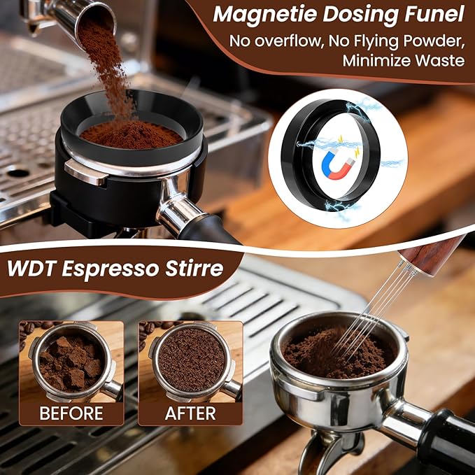 9 Pack Espresso Tamper Station&Coffee Distributor Tamper&Espresso WDT Stirrer&Coffee Tamping&Brush&Coffee Dosing Funnel&Espresso Puck Screen, Latte Art pen and Towel (51 mm)