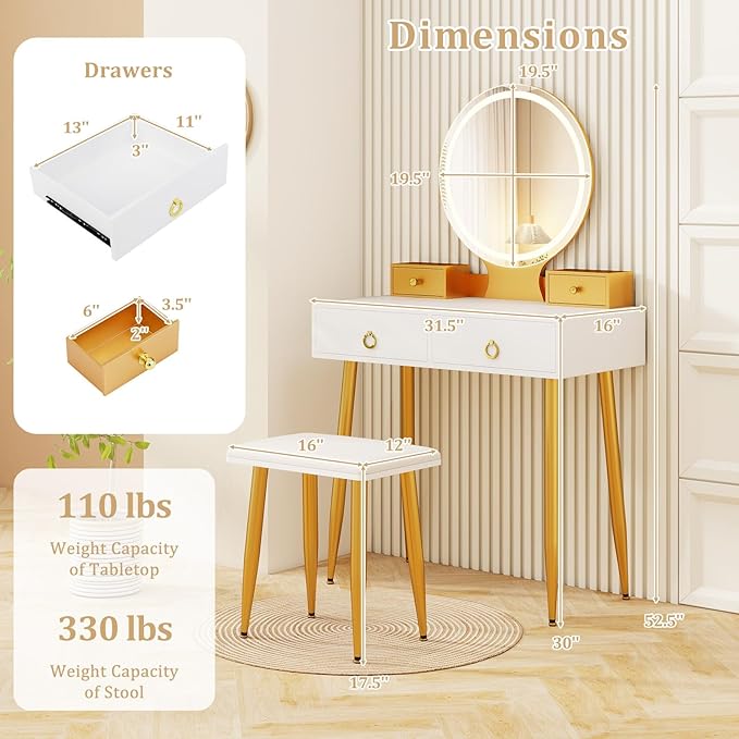 CHARMAID Vanity Desk with Mirror and Lights, Makeup Vanity with 4 Storage Drawers, 3 Lighting Modes, Adjustable Brightness, Modern Vanity Dressing Table with Stool for Bedroom, White & Gold
