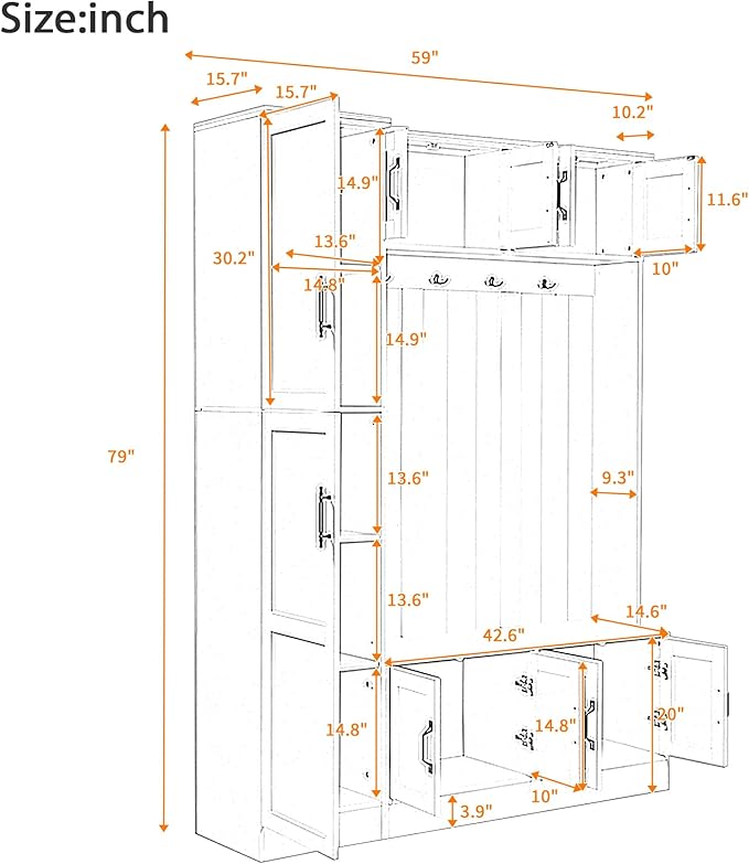 79'' Tall Modern Hall Tree with Shoe Storage and 4 Coat Hooks, 4-in-1 Entryway Bench with 6 Cabinets and Adjustable Shelf for Hallway, Living Room (Black/33f)