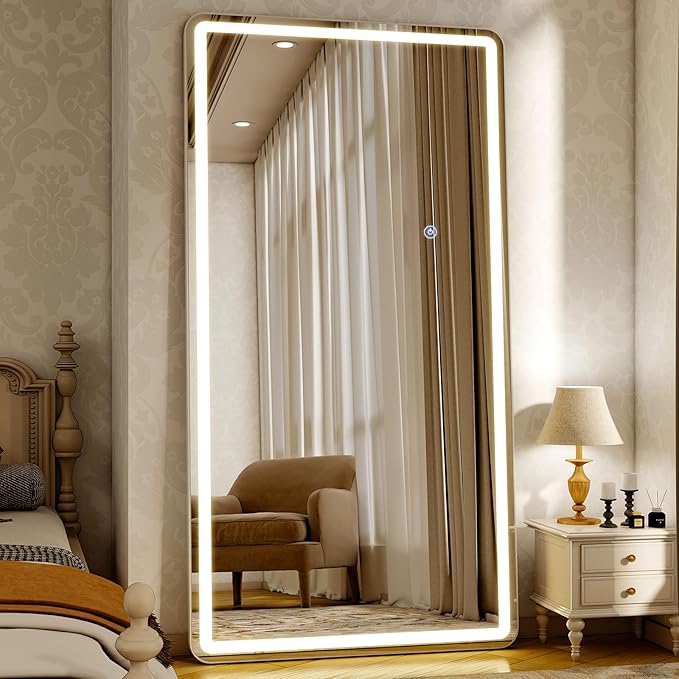76"x34" LED Full Length Mirror – Standing Floor Mirror with Dimmable Lights 3 Color Modes – Adjustable Brightness, Wall-Mount or Lean for Barber, Fitness Center, Dressing Room, Vanity