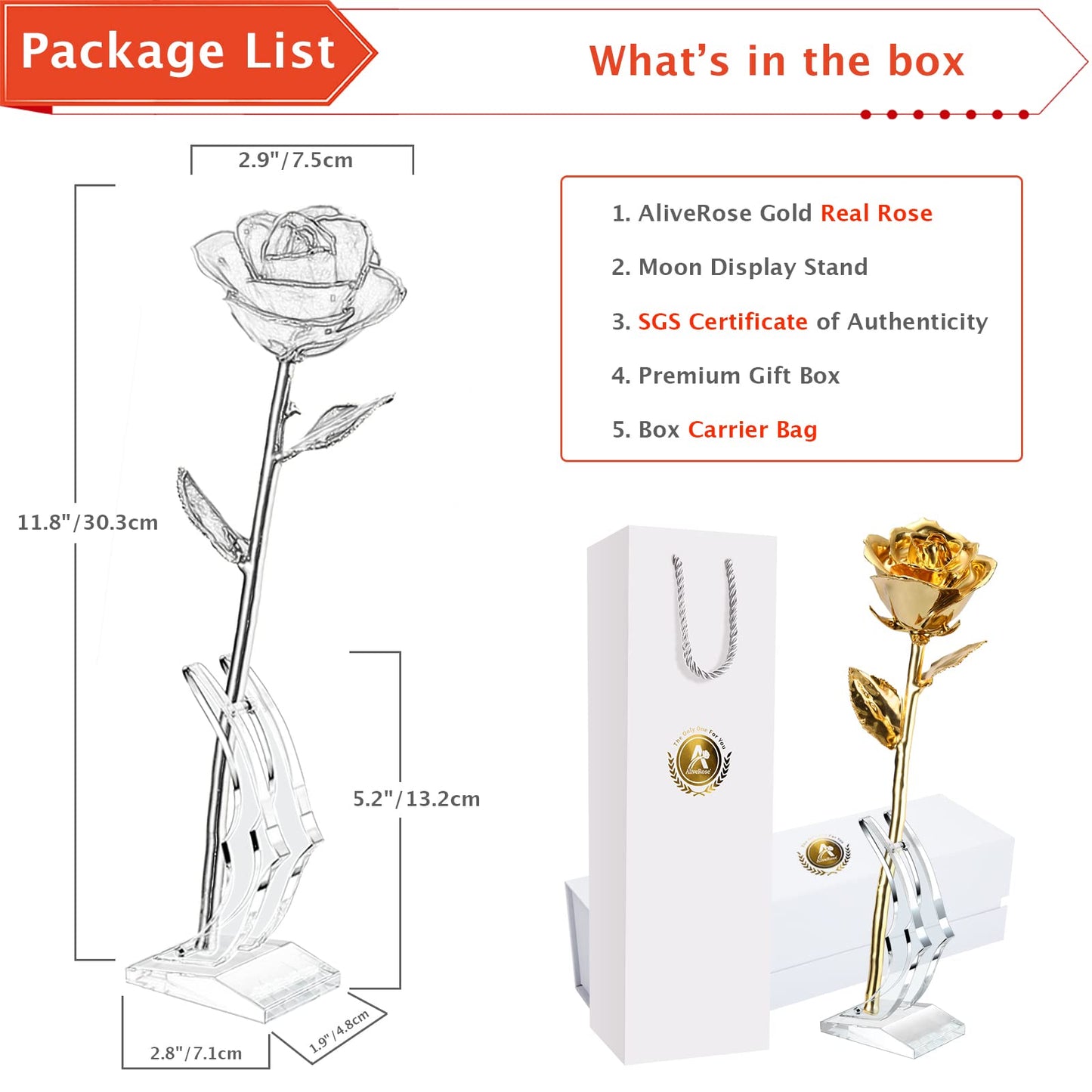 AliveRose 24k Gold Rose, Golden Rose Made from Real Rose - Unique Design Dipped Rose for Anniversary Valentines Mothers Day Birthday Gifts (Golden Rose with Stand)