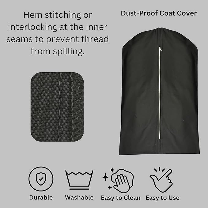 Garment Bag for Hanging Clothes – Organic Cotton Suit & Coat Cover with Zipper | Breathable Closet Organizer for Travel & Storage (X-Large (24"x60"), Black)