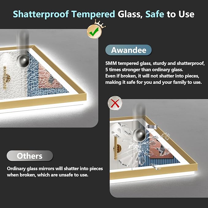 66x36 Gold Beveled LED Bathroom Mirror with Lights, Brushed Gold Framed Backlit and Front Lit Anti-Fog Lighted Vanity Mirrors for Bathroom Wall, Dimmable, 3 Colors, Memory, HD Tempered Glass