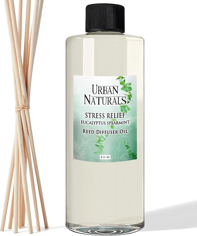 Urban Naturals Reed Diffuser Oil Refill Eucalyptus Spearmint with Lemon Peel, Clary Sage 8 oz + Free Reed Sticks, Made in the USA