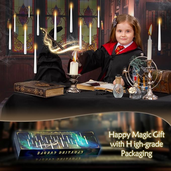 Flameless Floating Candles with Wand，12 Pcs Magic LED Hanging Taper Candles，Flickering Battery Operated Taper Candle with Wand Remote for Halloween Decorations Best Gift（White）