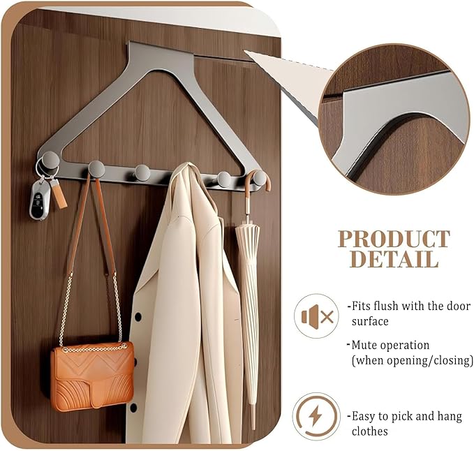 Grey Door Hook Metal Material Integrated Triangle 6 Hooks for Hanging Clothes, Hats, Hangers, Wallets, Towels, Keys on The Door