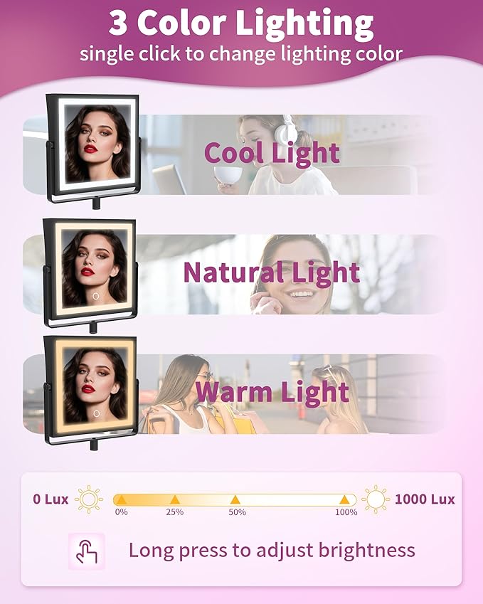 Rechargeable Wall Mounted Makeup Mirror with Lights, 4000mAh Double Sided 1X/10X Magnifying Vanity Mirror with 3 Color Lights, Touch Dimmable, 360° Extension Foldable Arm (Matte Black)