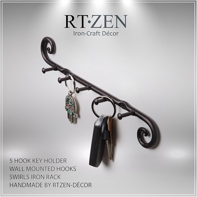 RTZEN Farmhouse Small Key Holder for Wall - Handcrafted Swirl Decorative 5 Key Hooks for Home Entryway - Wrought Iron Wall Mount Rack Purse Coat and Leash Holder or Organizer (Classic Black)