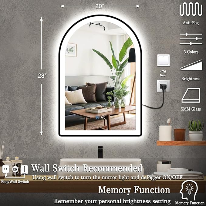 20 x 28 Inch Black LED Arch Mirror with Lights Black Frame Arched LED Vanity Mirror for Bathroom Wall Makeup Desk Black Framed Arch Lighted Mirror 3Color AntiFog 28" Arch Smart Light up Mirror