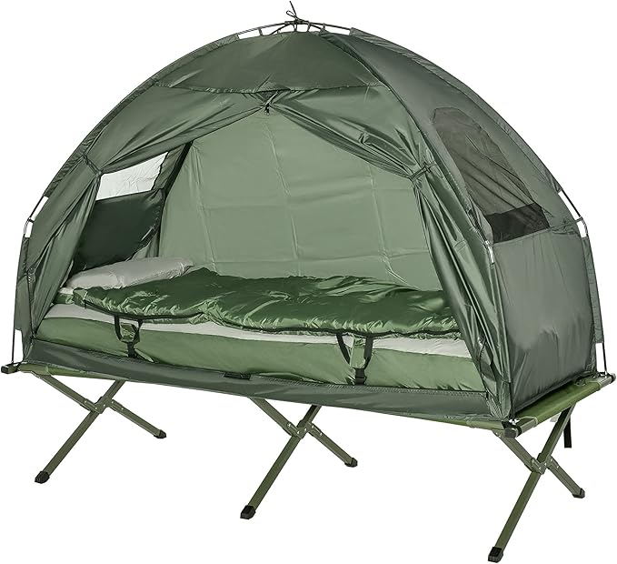 Outsunny Multifunctional Folding Camping Cots for Adults, Elevated Tent with Sleeping Bag, Thick Air Mattress Pad, Portable Single Sleeping Cot Camping Bed