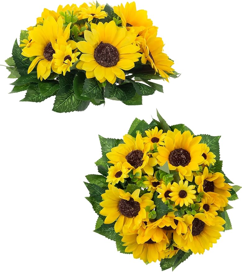 BLOSMON Sunflower Artificial Flowers Ball - 2 Pcs Fake Sunflower Flowers CenterPieces Decoration for Wedding Table Silk Kissing Floral Arrangements for Home Party Event DIY Decor
