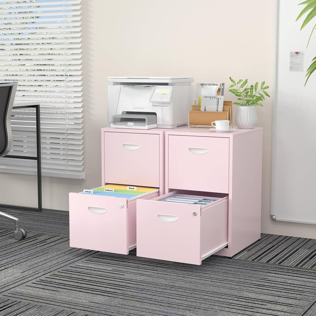 2 Drawer File Cabinet with Lock,Pink Metal Office Drawers Filing Cabinets for Home Office, Two Drawer Under Desk File Cabinet for Hanging Letter,Easy Assemble