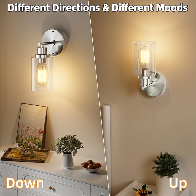 GORDNWE 1-Light Bathroom Wall Sconce, Brushed Nickel Vanity Light, Modern Wall Light Fixture with Clear Glass Shade and E26 Bulb Base, Wall Lamp Wall Mount Light Fixtures for Mirror, Bedroom, Hallway