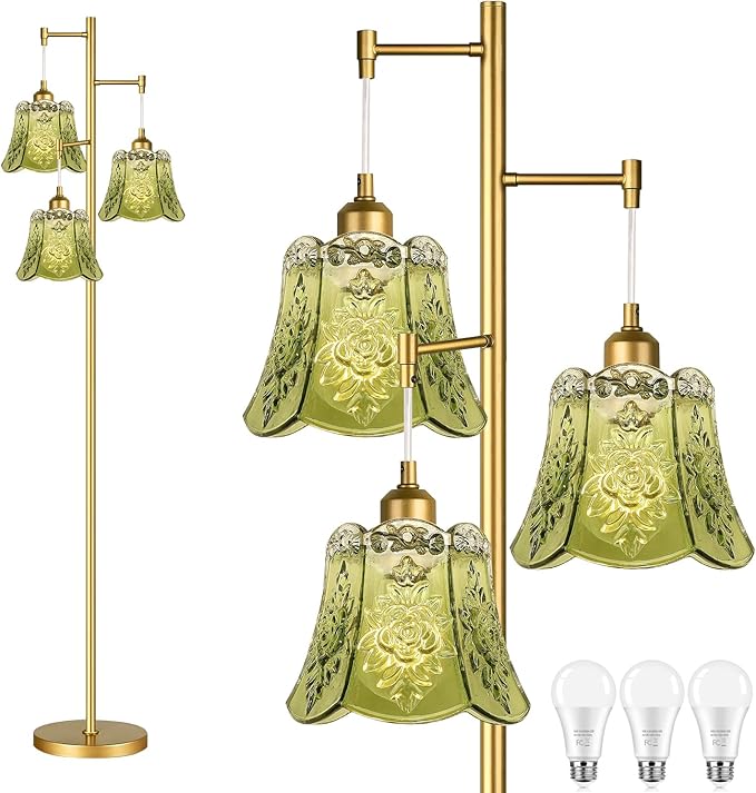 Gold Floor Lamp for Living Room,Bedroom,Tree 3 Light Standing Lamp Mid Century Modern Brass Tall Floor Lamps Vintage Retro Floor Lights Glass Green Flower Lamp Shade Farmhouse Boho Bohemian