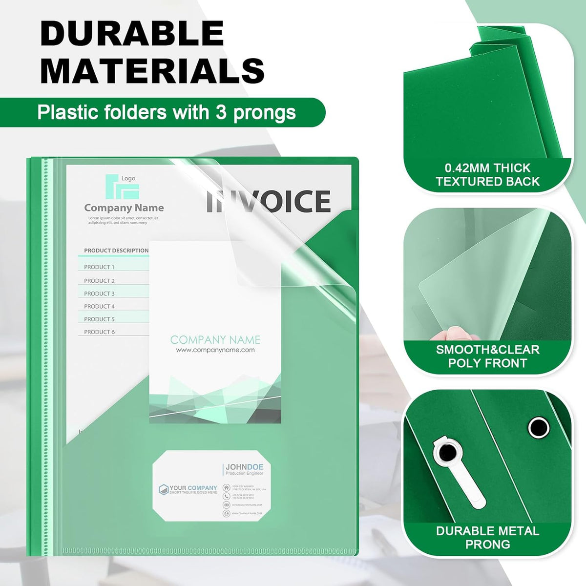 Teling 48 Pcs Clear Front Report Covers with 3 Prongs Fasteners, 11.42 x 9.45 Inch Plastic Book File Covers 90 Sheet Capacity, Presentation Folder with Green Back Cover for Office Business