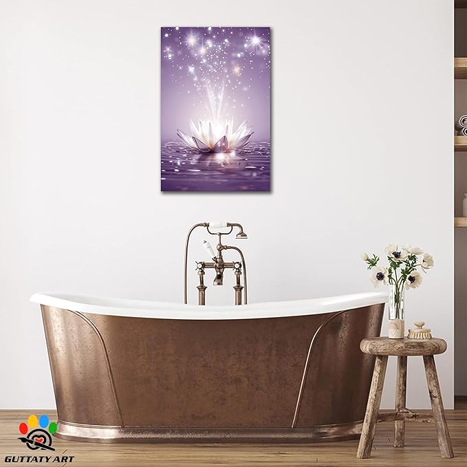 Zen Canvas Wall Art, White Lotus Flower Bloom in Water Picture, Zen Blue Flower Painting, Modern Framed Spiritual Home Artwork for Yoga Spa Meditation Spiritual Room Living Room Office 18x24 inch