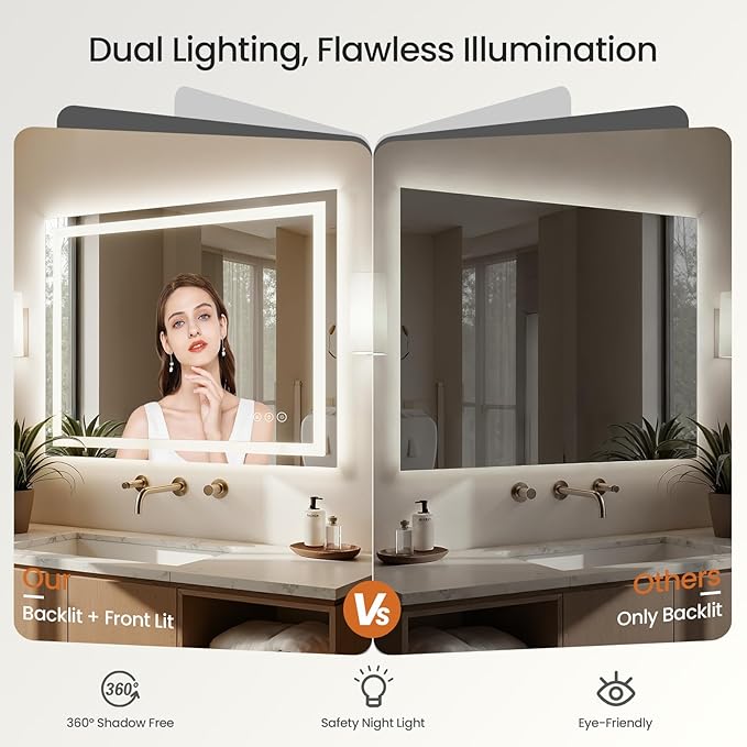 24X30 LED Bathroom Mirror with Lights, Anti-Fog, Dimmable - Lighted Bathroom Vanity Mirror with Front & Back Light, 3 Color Temperatures, Memory Function, Tempered Glass (Horizontal/Vertical)