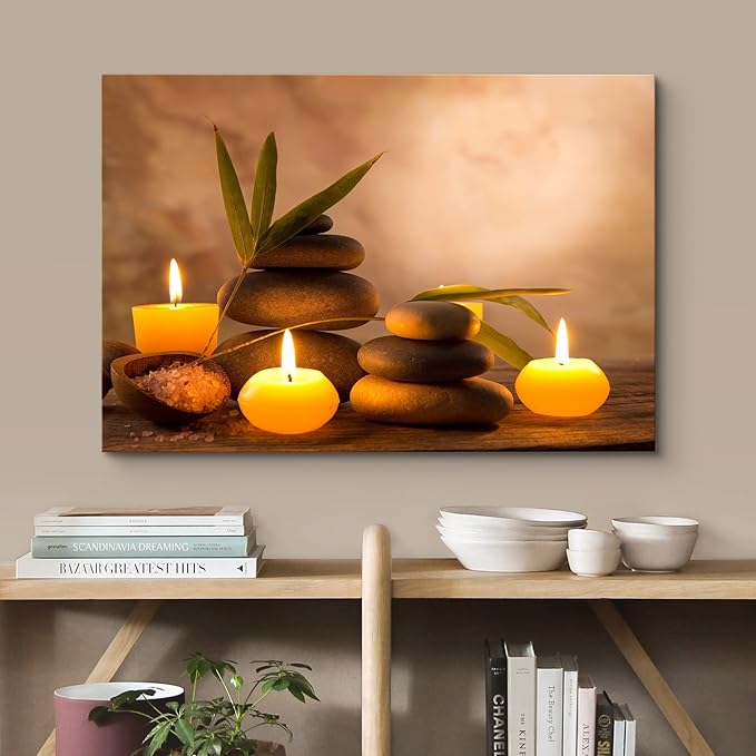 wall26 Canvas Print Wall Art Candles with Massage Stones in Romantic Brown Atmosphere Floral Nature Photography Realism Bohemian Scenic Relax/Calm Cool for Living Room, Bedroom, Bathroom - 32"x48"