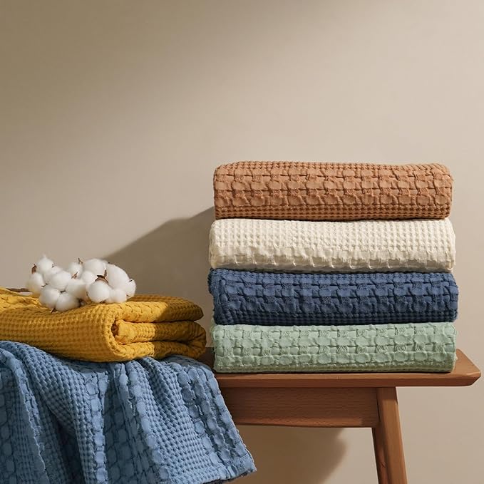 PHF 100% Cotton Waffle Weave Blanket King Size for Bed, Soft Lightweight & Breathable, All-Season Comfort, Luxury Aesthetic Woven Bedding for Home Decor, 108"x90", Mint Green