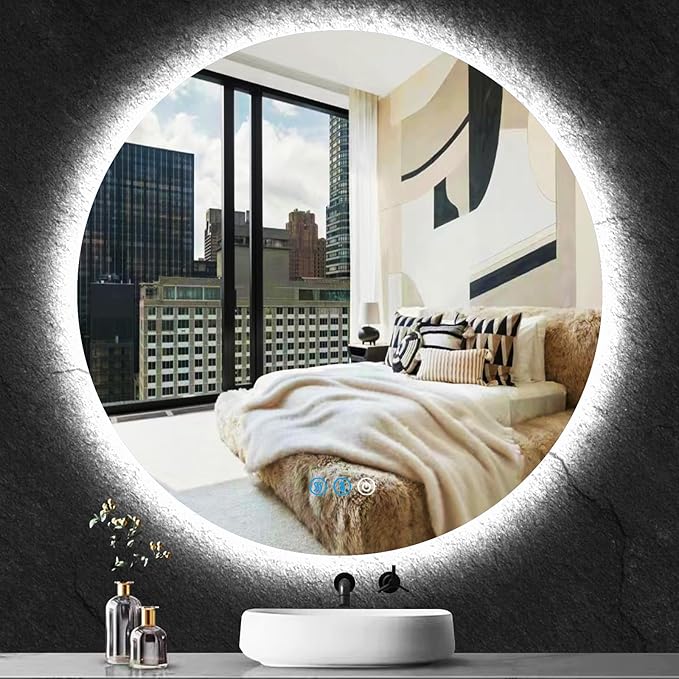 30 Inch Round Lighted Vanity Mirror with Lights Smart Memory Anti-Fog Adjustable Brightness 3 Color Backlight 30" Frameless LED Circle Round Backlit Mirror for Bathroom Hotle Wall Mounted