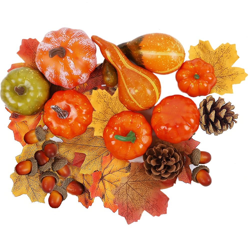 winemana Fall Decorations for Home-6pcs Mini Pumpkins & 2pcs Gourds, 30pcs Leaves & 10pcs Acorns, 2pcs Pinecones Centerpiece Set-Harvest Decor for Table Mantel (Largest: 4.5" x 2.1"")"