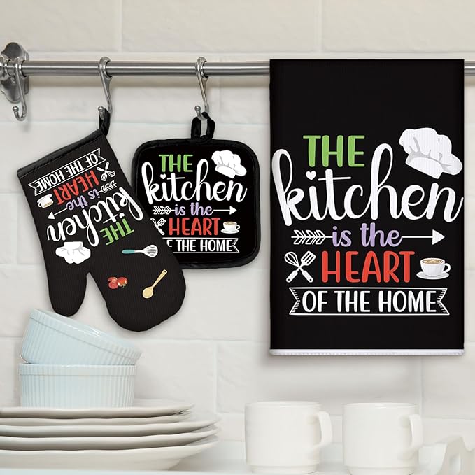 Sratte 6 Pcs Kitchen Decor Accessories Set Farmhouse Towels Pot Holders Oven Mitts Set 2 Dish Towels 2 Potholders 2 Cooking Mittens Oven Glove for Christmas Baking Cooking (Black Color)