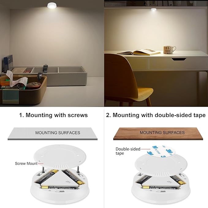 Wireless LED Puck Lights, Touch Activated Tap Ligh Push Light, Battery Operated Stick On Lights for Under Cabinet, Kitchen, Closet & Counters, 6-Pack, White