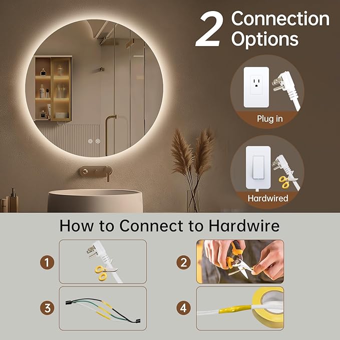 LOVESPEJO 30 Inch Round Backlit Bathroom Mirror with Lights, Circle LED Mirror for Bathroom, Fogless, Stepless Dimmable, 3 Color Changing, Memory, IP54, Shatter-Proof