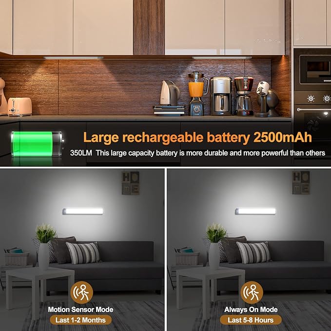2 Pack 54LED Under Cabinet Lights, 12.5 Inch Bright Wireless Motion Sensor Light 7000K with 2200mAh USB-C Rechargeable Magnetic Mount for Kitchen, Closet & Stairs