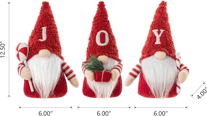 Glitzhome 3 Pack Joy Gnome Christmas Decorations, Fabric Handmade Plush Gnomes Santa Ornaments for Tabletop Home Holiday Decor