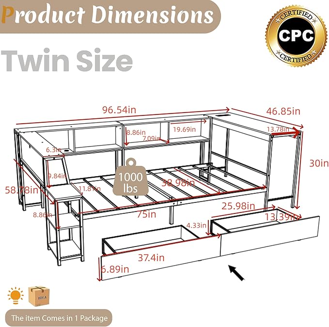 Twin Corner Bed Frame with Desk, LED Lights & Charging Ports, L-Shaped Daybed with Storage Drawers, Bookcase & Open Shelves, Modern Twin Size Daybed for Kids, Teens & Compact Bedrooms,White