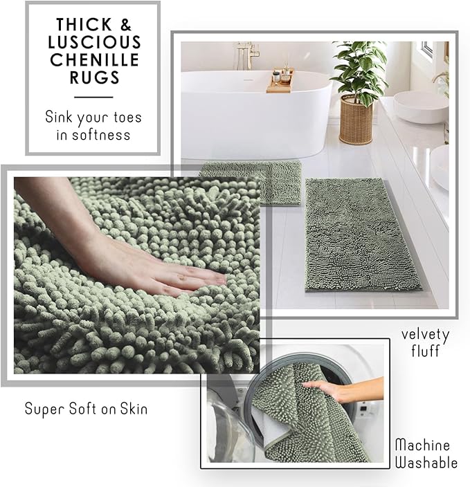 Clara Clark Bathroom Set - Sage Green Bathroom Accessories Set, 6PC Bathroom Accessory Set, Bathroom Sets with Bathroom Rugs, Adhesive Corner Shower Caddy Hanging, Toilet Brush & Trash Can