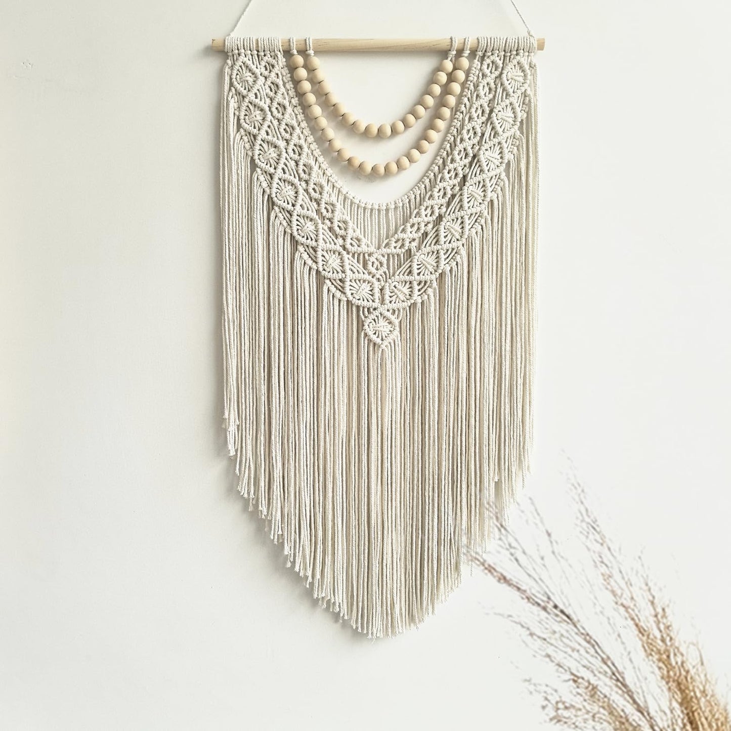 guzhiou Macrame Wall Hanging Boho Geometric Woven Tapestry Cotton Handmade Bohemian Art Decor with Wood Bead Wall Decor for Bedroom Living Room Apartment Nursery 31.5" L x 17"" W (Wood bead-B)"