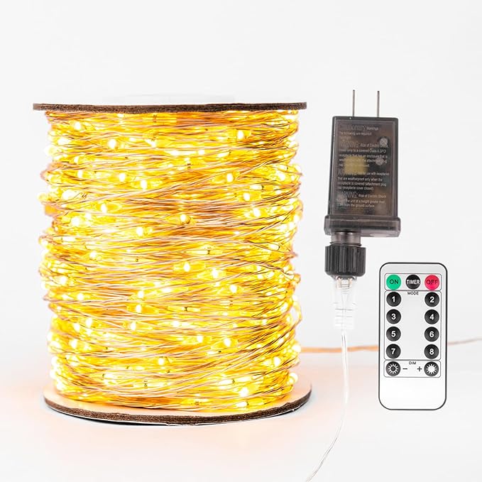 Fairy Lights Plug in,100FT 600 LEDs Waterproof Led String Lights,8 Modes Remote Twinkle Light for Bedroom Window Weddings Christmas Holiday Decoration,Silver Wire,2 Inch Led Space,Warm White
